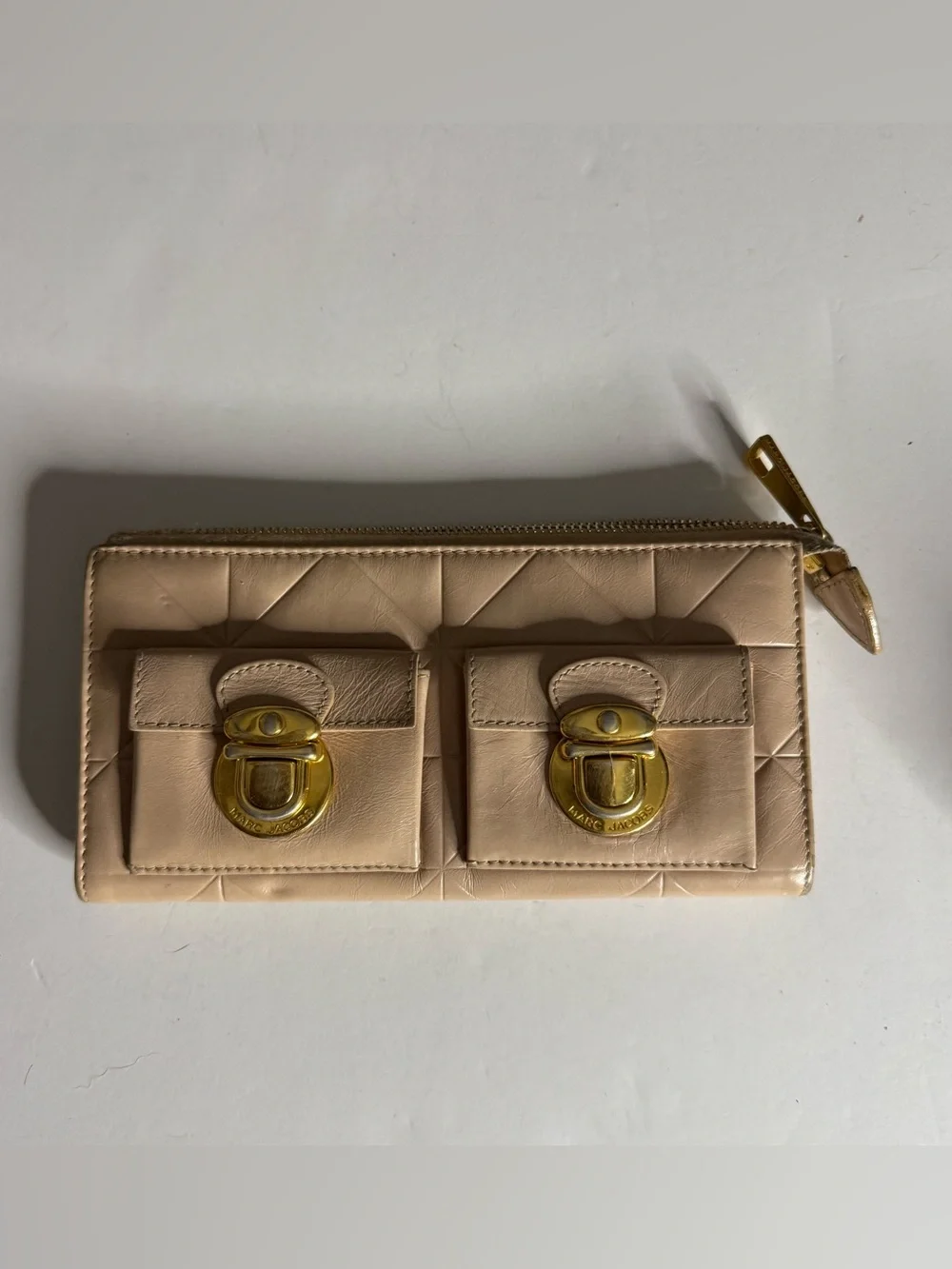 Marc Jacob’s Beige Quilted Leather Zip Wallet with Double Front Pockets